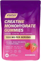 VYHTHY Gominolas de Creatina Monohidratada 5000 mg con Colágeno, BCAA, L-Glutamina, Biotina, Zinc, Vitamina D3 y Ácido Hialurónico - Recuperación Diaria Pre y Post Entreno, Sin Azúcar (60 Gominolas)