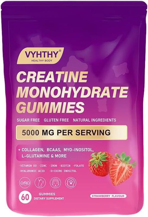VYHTHY Gominolas de Creatina Monohidratada 5000 mg con Colágeno, BCAA, L-Glutamina, Biotina, Zinc, Vitamina D3 y Ácido Hialurónico - Recuperación Diaria Pre y Post Entreno, Sin Azúcar (60 Gominolas)