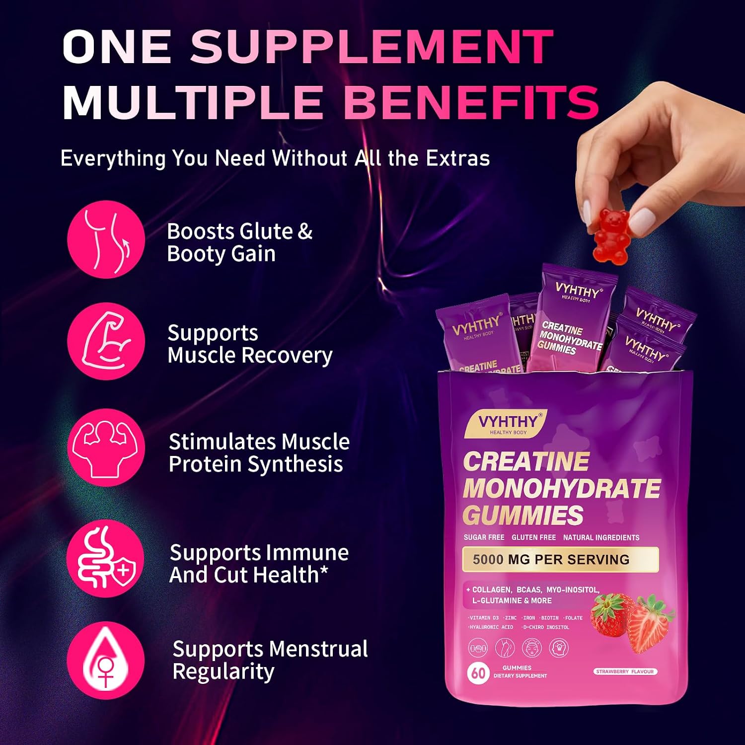 VYHTHY Gominolas de Creatina Monohidratada 5000 mg con Colágeno, BCAA, L-Glutamina, Biotina, Zinc, Vitamina D3 y Ácido Hialurónico - Recuperación Diaria Pre y Post Entreno, Sin Azúcar (60 Gominolas)