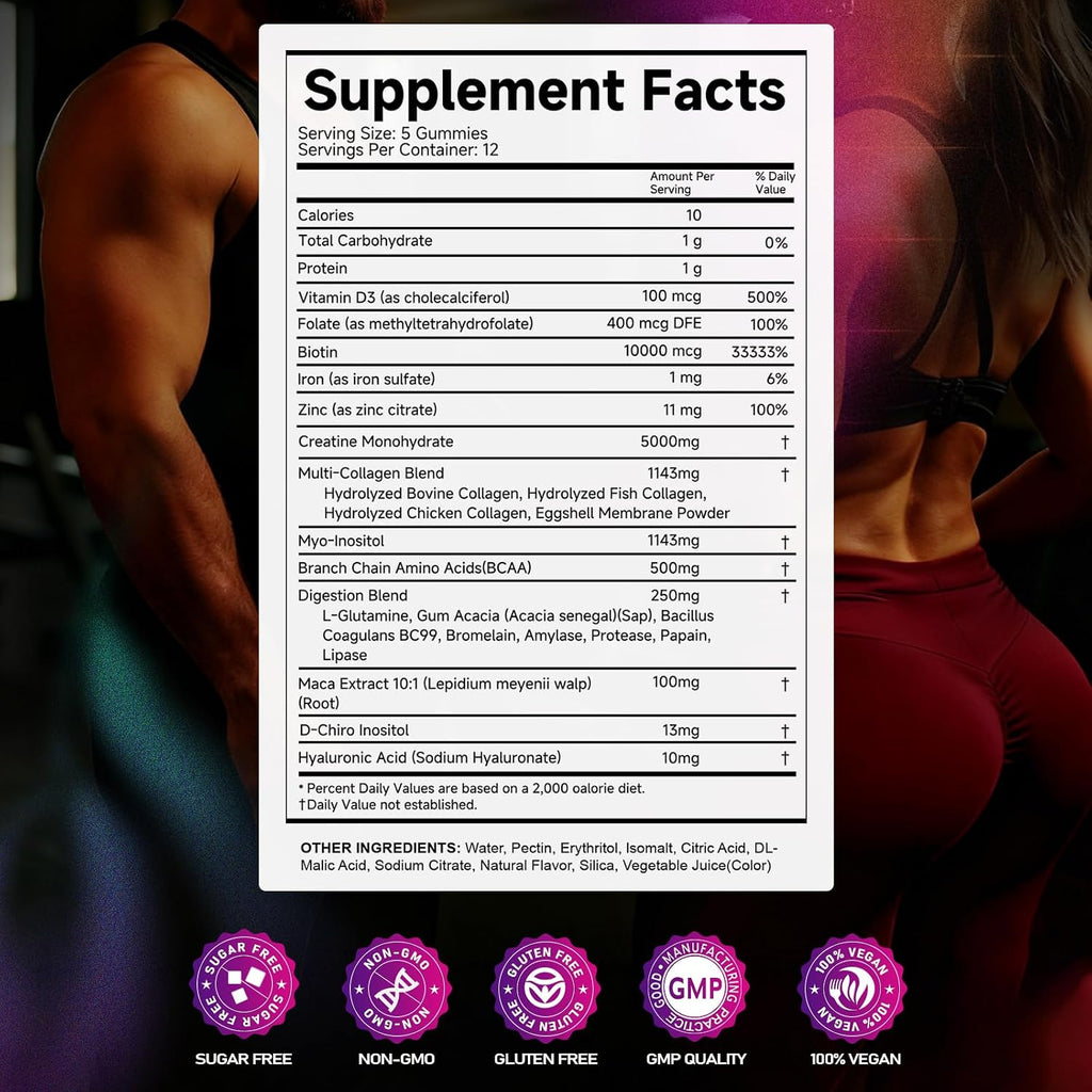 VYHTHY Gominolas de Creatina Monohidratada 5000 mg con Colágeno, BCAA, L-Glutamina, Biotina, Zinc, Vitamina D3 y Ácido Hialurónico - Recuperación Diaria Pre y Post Entreno, Sin Azúcar (60 Gominolas)