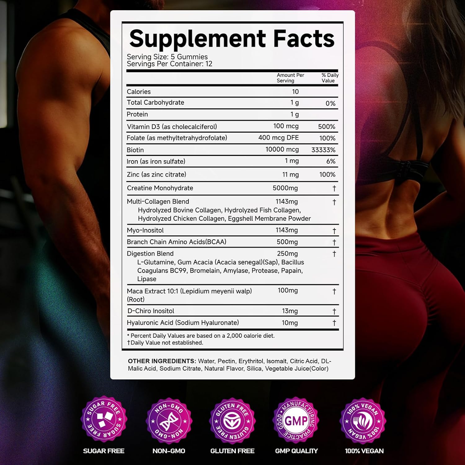 VYHTHY Gominolas de Creatina Monohidratada 5000 mg con Colágeno, BCAA, L-Glutamina, Biotina, Zinc, Vitamina D3 y Ácido Hialurónico - Recuperación Diaria Pre y Post Entreno, Sin Azúcar (60 Gominolas)
